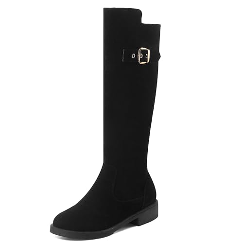 MJIASIAWA Damen Winter Runde Zehen Knee High Komfort Reitstiefel Vintage Equestrian Warm Niedrige Absatz Mode Booty Schwarz Gr 40.5 EU/42 Asiatisch von MJIASIAWA