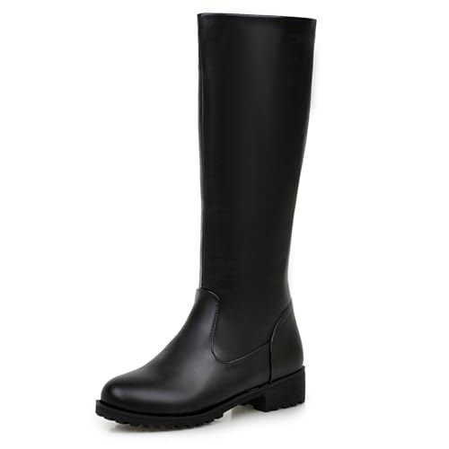 MJIASIAWA Damen Winter Runde Zehen Knee High Komfort Reitstiefel Vintage Equestrian Warm Niedrige Absatz Mode Booty Schwarz Gr 43 EU/45 Asiatisch von MJIASIAWA
