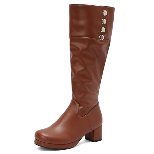 MJIASIAWA Damen Winter Runde Zehen Mode Equestrian Reitstiefel Komfort Plateau Blockabsatz Schnalle Warm Booty Braun Gr 34 EU von MJIASIAWA