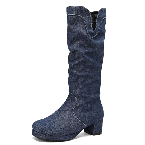 MJIASIAWA Damen Winter Runde Zehen Mode Equestrian Reitstiefel Komfort Plateau Blockabsatz Schnalle Warm Booty Dark-Blau Gr 48 EU/50 Asiatisch von MJIASIAWA