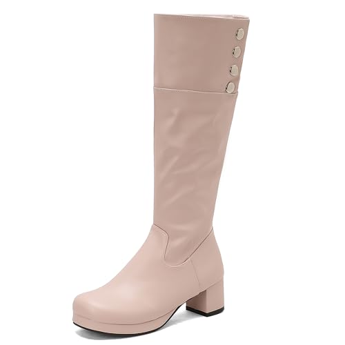 MJIASIAWA Damen Winter Runde Zehen Mode Equestrian Reitstiefel Komfort Plateau Blockabsatz Schnalle Warm Booty Pink Gr 42 EU/44 Asiatisch von MJIASIAWA