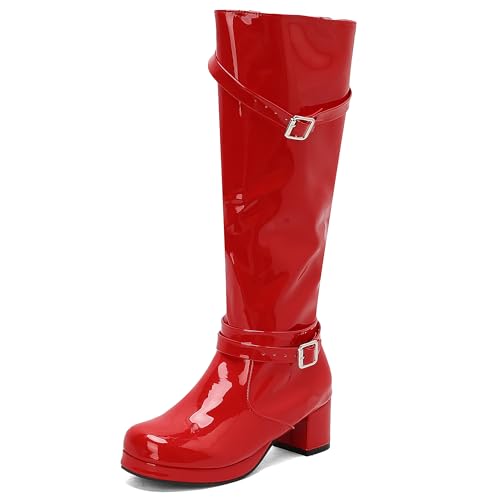 MJIASIAWA Damen Winter Runde Zehen Mode Equestrian Reitstiefel Komfort Plateau Blockabsatz Schnalle Warm Booty Rot Gr 38 EU/39 Asiatisch von MJIASIAWA