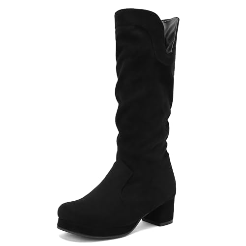 MJIASIAWA Damen Winter Runde Zehen Mode Equestrian Reitstiefel Komfort Plateau Blockabsatz Schnalle Warm Booty Schwarz-Denim Gr 40.5 EU/42 Asiatisch von MJIASIAWA