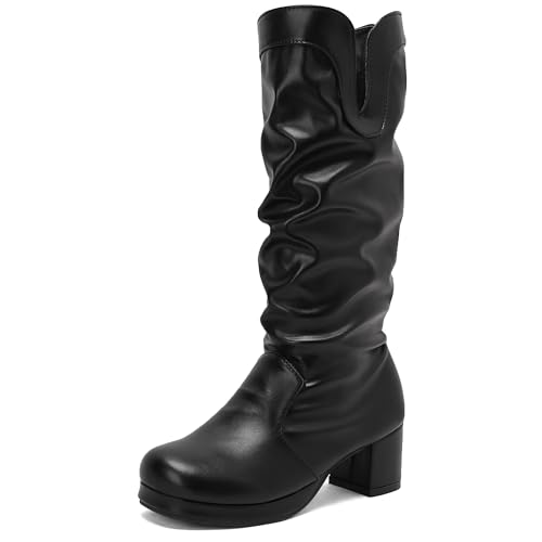 MJIASIAWA Damen Winter Runde Zehen Mode Equestrian Reitstiefel Komfort Plateau Blockabsatz Schnalle Warm Booty Schwarz-P Gr 47 EU/49 Asiatisch von MJIASIAWA