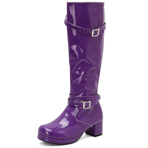 MJIASIAWA Damen Winter Runde Zehen Mode Equestrian Reitstiefel Komfort Plateau Blockabsatz Schnalle Warm Booty Violett Gr 37 EU/38 Asiatisch von MJIASIAWA