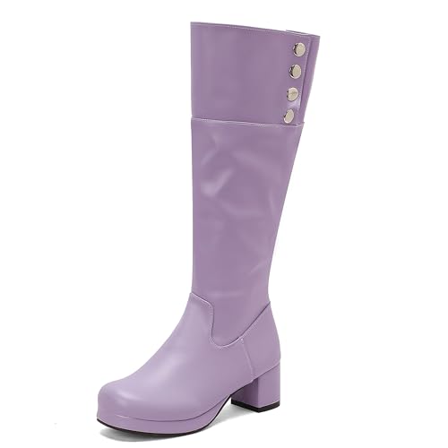 MJIASIAWA Damen Winter Runde Zehen Mode Equestrian Reitstiefel Komfort Plateau Blockabsatz Schnalle Warm Booty Violett Gr 44 EU/46 Asiatisch von MJIASIAWA