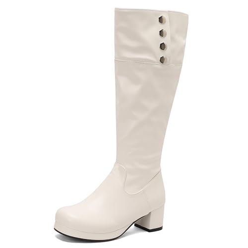 MJIASIAWA Damen Winter Runde Zehen Mode Equestrian Reitstiefel Komfort Plateau Blockabsatz Schnalle Warm Booty Weiß Gr 44 EU/46 Asiatisch von MJIASIAWA