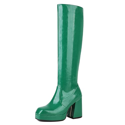 MJIASIAWA Damen Winter Square Toe Mode Kniehohe Stiefel Plateau Blockabsatz Riding Booty Party Warm Chunky Grün Gr 37 EU/38 Asiatisch von MJIASIAWA