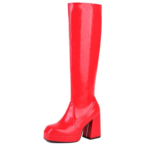MJIASIAWA Damen Winter Square Toe Mode Kniehohe Stiefel Plateau Blockabsatz Riding Booty Party Warm Chunky Rot Gr 40.5 EU/42 Asiatisch von MJIASIAWA