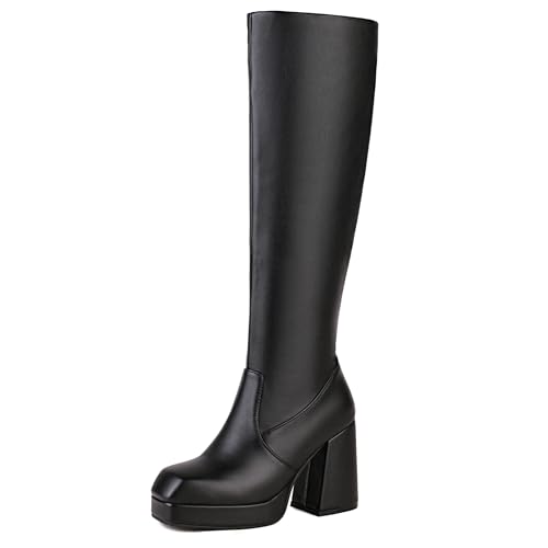 MJIASIAWA Damen Winter Square Toe Mode Kniehohe Stiefel Plateau Blockabsatz Riding Booty Party Warm Chunky Schwarz Gr 40.5 EU/42 Asiatisch von MJIASIAWA