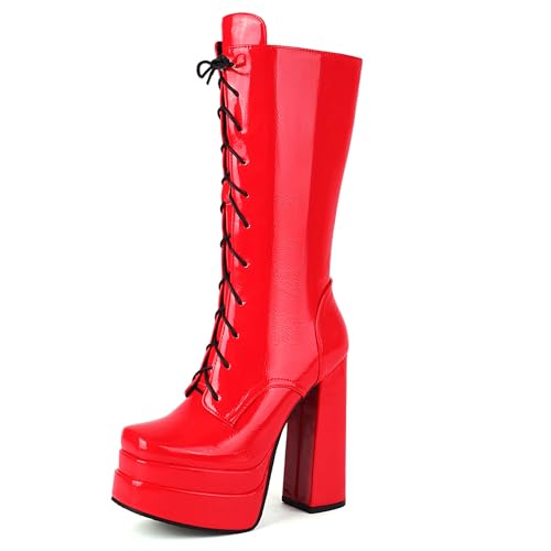 MJIASIAWA Damen Winter Square Toe Mode Lack Schnüren Halbschaft Stiefel Zip Party Hohen Blockabsatz Plateau Military Biker Booty Rot Gr 42 EU/44 Asiatisch von MJIASIAWA