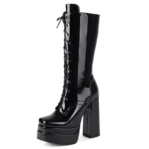 MJIASIAWA Damen Winter Square Toe Mode Lack Schnüren Halbschaft Stiefel Zip Party Hohen Blockabsatz Plateau Military Biker Booty Schwarz Gr 42 EU/44 Asiatisch von MJIASIAWA