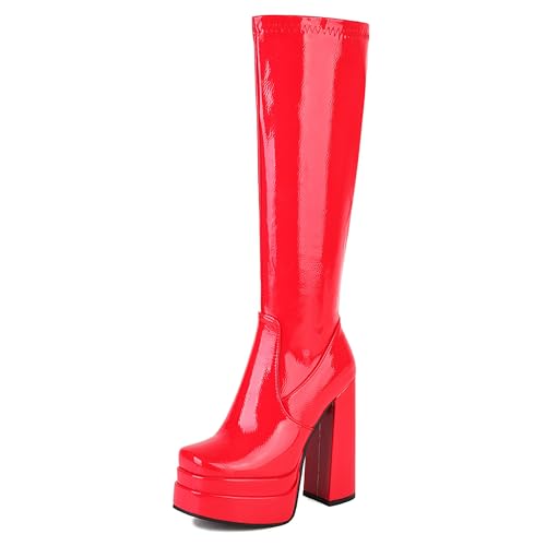 MJIASIAWA Damen Winter Square Toe Plateau Blockabsatz Reitstiefel Knee High Party Elegant Overknees Mode Booty Rot Gr 40.5 EU/42 Asiatisch MJIASIAWA Damen Winter Square Toe Plateau Blockabsatz Reitstiefel Knee High Party Elegant Overknees Mode Booty Rot Gr 40.5 EU/42 Asiatisch von MJIASIAWA