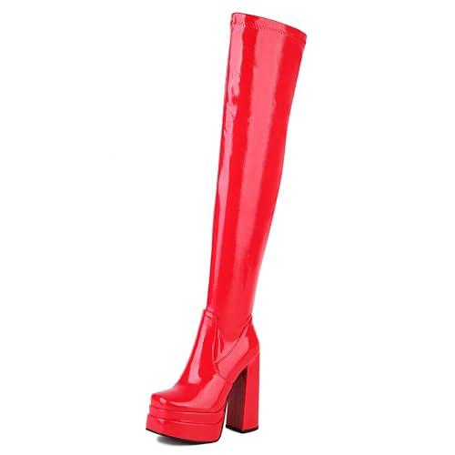 MJIASIAWA Damen Winter Square Toe Plateau Blockabsatz Reitstiefel Knee High Party Elegant Overknees Mode Booty Rot Gr 43 EU/45 Asiatisch von MJIASIAWA
