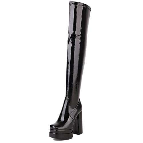 MJIASIAWA Damen Winter Square Toe Plateau Blockabsatz Reitstiefel Knee High Party Elegant Overknees Mode Booty Schwarz Gr 42 EU/44 Asiatisch von MJIASIAWA