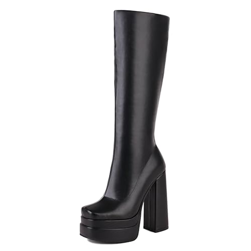 MJIASIAWA Damen Winter Square Toe Plateau Blockabsatz Reitstiefel Knee High Party Elegant Overknees Mode Booty Schwarz Gr 43 EU/45 Asiatisch von MJIASIAWA