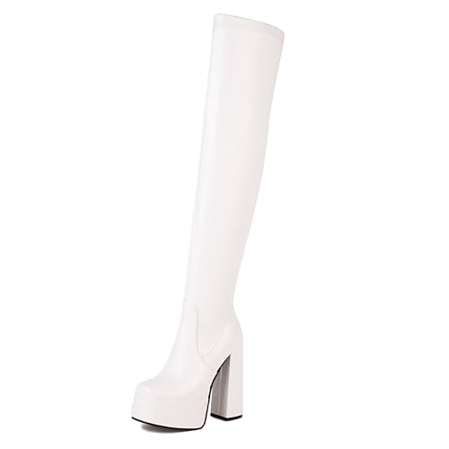 MJIASIAWA Damen Winter Square Toe Plateau Blockabsatz Reitstiefel Knee High Party Elegant Overknees Mode Booty Weiß Gr 43 EU/45 Asiatisch von MJIASIAWA
