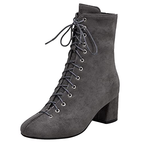 MJIASIAWA Damen Winter Warm Leisure Blockabsatz Mode Biker Stiefeletten Draußen Mitte Absatz Square Toe Schnüren Stiefeletten Grau Gr 40 EU/41 Asiatisch von MJIASIAWA