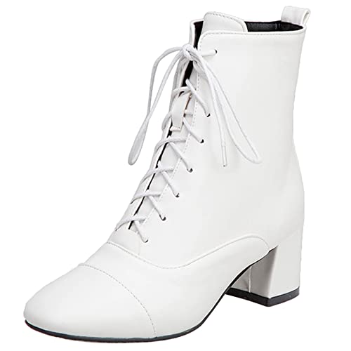 MJIASIAWA Damen Winter Warm Leisure Blockabsatz Mode Biker Stiefeletten Draußen Mitte Absatz Square Toe Schnüren Stiefeletten Weiß Gr 41 EU/43 Asiatisch von MJIASIAWA