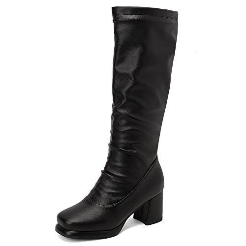 MJIASIAWA Damen Winter Warm Slouch Kniestiefel Plateau Klassischer Blockabsatz Leisure Ohne Verschluss Mode Riding Equestrian Stiefeletten Schwarz Gr 37 EU/38 Asiatisch von MJIASIAWA