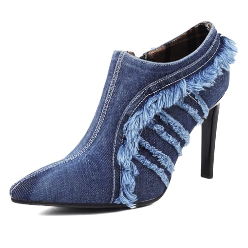 MJIASIAWA Denim Stiletto Pointed Toe Elegant Party Schuhe Damen Buro Arbeit Formal Höhe Ferse Loafer Zip Pumps Blau Gr 33 EU von MJIASIAWA
