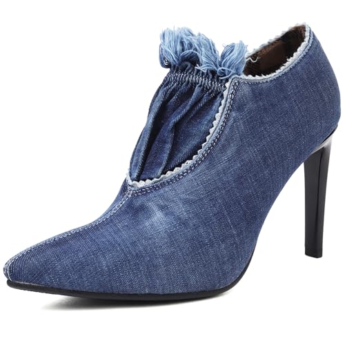 MJIASIAWA Denim Stiletto Pointed Toe Elegant Party Schuhe Damen Buro Arbeit Formal Höhe Ferse Loafer Zip Pumps Blau Gr 37 EU/38 Asiatisch von MJIASIAWA