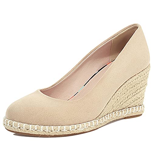 MJIASIAWA Espadrilles Damen Keilabsatz Mode Closed Toe Pumps Ohne Verschluss Plateau Höhe Ferse Pumps Knöchelriemchen Beige Gr 38 EU/39 Asiatisch von MJIASIAWA