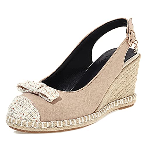 MJIASIAWA Espadrilles Damen Keilabsatz Mode Closed Toe Pumps Ohne Verschluss Plateau Höhe Ferse Pumps Knöchelriemchen Beige Gr 40.5 EU/42 Asiatisch von MJIASIAWA