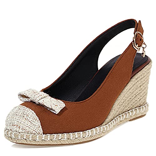 MJIASIAWA Espadrilles Damen Keilabsatz Mode Closed Toe Pumps Ohne Verschluss Plateau Höhe Ferse Pumps Knöchelriemchen Braun Gr 38 EU/39 Asiatisch von MJIASIAWA