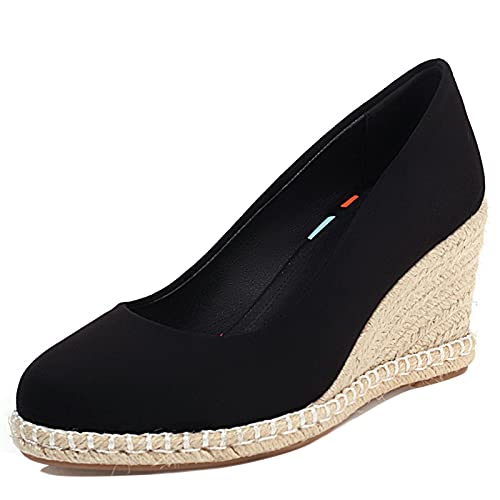 MJIASIAWA Espadrilles Damen Keilabsatz Mode Closed Toe Pumps Ohne Verschluss Plateau Höhe Ferse Pumps Knöchelriemchen Schwarz Gr 37 EU/38 Asiatisch von MJIASIAWA