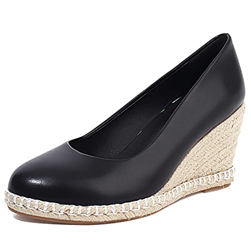 MJIASIAWA Espadrilles Damen Keilabsatz Mode Closed Toe Pumps Ohne Verschluss Plateau Höhe Ferse Pumps Knöchelriemchen Schwarz Gr 38 EU/39 Asiatisch von MJIASIAWA