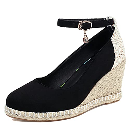 MJIASIAWA Espadrilles Damen Keilabsatz Mode Closed Toe Pumps Ohne Verschluss Plateau Höhe Ferse Pumps Knöchelriemchen Schwarz Gr 38 EU/39 Asiatisch von MJIASIAWA