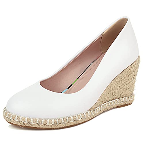 MJIASIAWA Espadrilles Damen Keilabsatz Mode Closed Toe Pumps Ohne Verschluss Plateau Höhe Ferse Pumps Knöchelriemchen Weiß Gr 38 EU/39 Asiatisch von MJIASIAWA