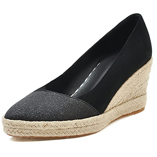 MJIASIAWA Espadrilles Damen Pointed Toe Plateau Keilabsatz Pumps Schnalle Mode Höhe Ferse Knöchelriemchen Pumps Schwarz Gr 38 EU/39 Asiatisch von MJIASIAWA