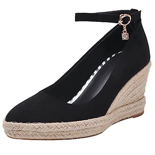 MJIASIAWA Espadrilles Damen Pointed Toe Plateau Keilabsatz Pumps Schnalle Mode Höhe Ferse Knöchelriemchen Pumps Schwarz Gr 38 EU/39 Asiatisch von MJIASIAWA