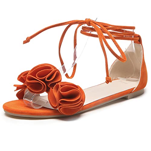 MJIASIAWA Flats Damen Schnüren Ballet Prom Sandalen Blumes Komfort Ballerinas Pantoffeln Offene Zeh Sommer Strand Schuhe Orange Gr 43 EU/45 Asiatisch von MJIASIAWA