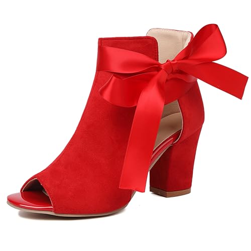 MJIASIAWA Gladiator Damen Peep Toe Blockabsatz Sandals Strappy Sommer Chunky Romisch Mode Offene Zeh Bogentie Rot Gr 40 EU/41 Asiatisch von MJIASIAWA