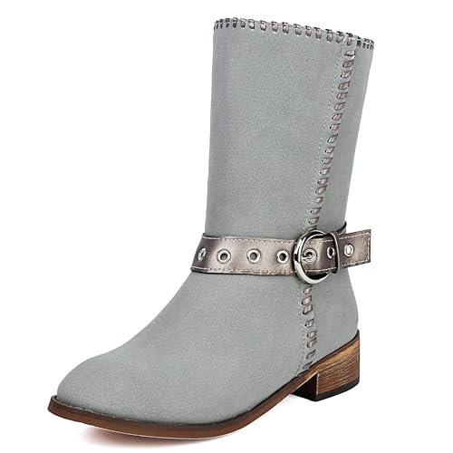 MJIASIAWA Halbschaft Equestrian Damen Draußen Winterstiefel Ohne Verschluss Western Runde Zehen Vintage Riding Stiefeletten Schnalle Grau Gr 39 EU/40 Asiatisch von MJIASIAWA