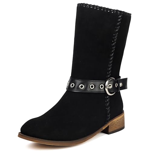 MJIASIAWA Halbschaft Equestrian Damen Draußen Winterstiefel Ohne Verschluss Western Runde Zehen Vintage Riding Stiefeletten Schnalle Schwarz Gr 40 EU/41 Asiatisch von MJIASIAWA