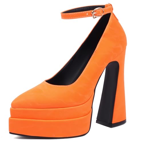 MJIASIAWA High Schuhe Damen Pointed Toe Knöchelriemchen Block Stylish Nachtclub Abend Party Plateau Schnalle Pumps Orange Gr 36.5 EU/37 Asiatisch MJIASIAWA High Schuhe Damen Pointed Toe Knöchelriemchen Block Stylish Nachtclub Abend Party Plateau Schnalle Pumps Orange Gr 36.5 EU/37 Asiatisch von MJIASIAWA
