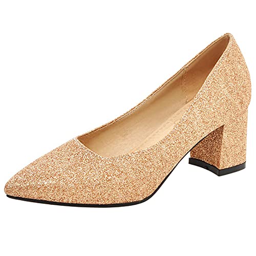 MJIASIAWA Hochzeit Blockabsatz Bride Pointed Toe Ohne Verschluss Glitzer Kleid Schuhe Elegant Mitte Absatz Komfort Damen Abend Pumps Gold Gr 41 EU/43 Asiatisch von MJIASIAWA