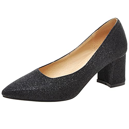 MJIASIAWA Hochzeit Blockabsatz Bride Pointed Toe Ohne Verschluss Glitzer Kleid Schuhe Elegant Mitte Absatz Komfort Damen Abend Pumps Schwarz Gr 44 EU/46 Asiatisch von MJIASIAWA