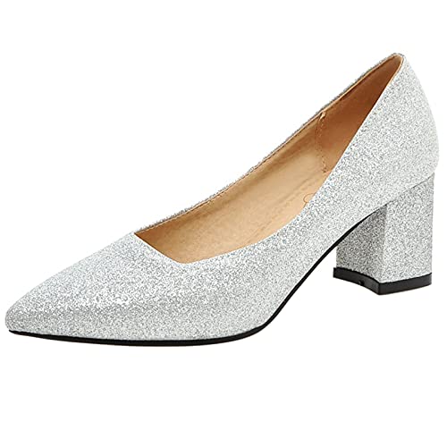 MJIASIAWA Hochzeit Blockabsatz Bride Pointed Toe Ohne Verschluss Glitzer Kleid Schuhe Elegant Mitte Absatz Komfort Damen Abend Pumps Silber Gr 41 EU/43 Asiatisch von MJIASIAWA