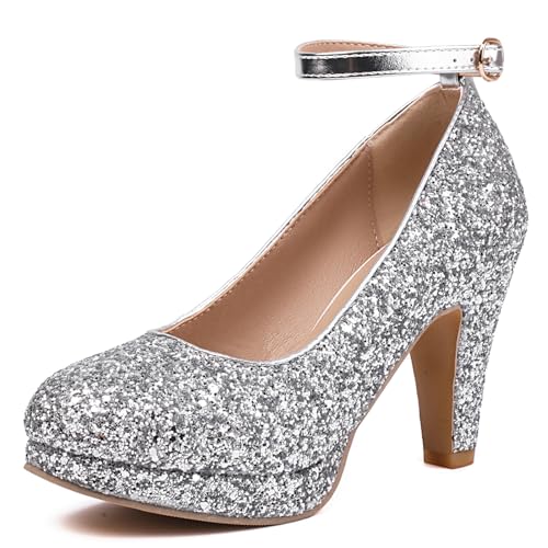 MJIASIAWA Hochzeit Glitzer Mary Jane Bride Plateau Schuhe Closed Runde Zehen Mode Knöchelriemchen Damen Höhe Ferse Pumps Slingback Silber Gr 44 EU/46 Asiatisch von MJIASIAWA
