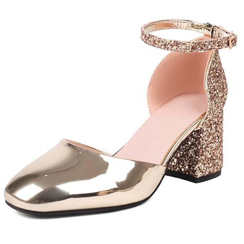 MJIASIAWA Hochzeit Hohen Blockabsatz Bride Square Toe Sandals Shiny Damen Chunky Knöchelriemchen Party Kleidy Gold Gr 41 EU/43 Asiatisch MJIASIAWA Hochzeit Hohen Blockabsatz Bride Square Toe Sandals Shiny Damen Chunky Knöchelriemchen Party Kleidy Gold Gr 41 EU/43 Asiatisch von MJIASIAWA