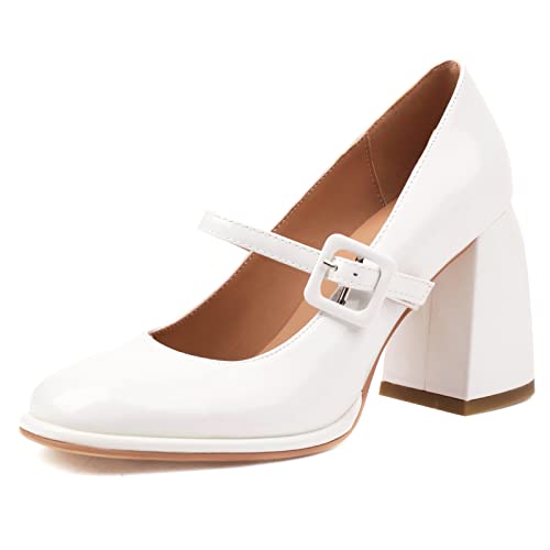 MJIASIAWA Hochzeit Mary Jane Bride Elegant Closed Toe Kleid Schuhe Knöchelriemchen Klassischer Chunky Hohen Blockabsatz Pumps Party Weiß Gr 39 EU/40 Asiatisch von MJIASIAWA