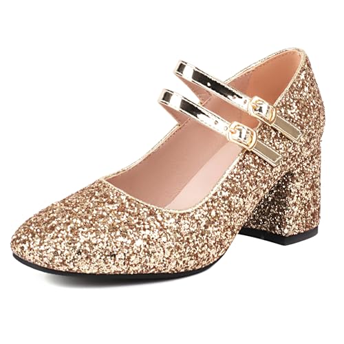 MJIASIAWA Hochzeit Mary Jane Hohen Blockabsatz Bride Schuhe Weit Fit Damen Schnalle Knöchelriemchen Abend Glitzer Pumps Gold Gr 40 EU/41 Asiatisch von MJIASIAWA