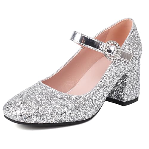 MJIASIAWA Hochzeit Mary Jane Hohen Blockabsatz Bride Schuhe Weit Fit Damen Schnalle Knöchelriemchen Abend Glitzer Pumps Silber Gr 33 EU von MJIASIAWA