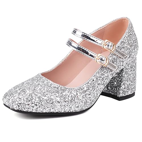 MJIASIAWA Hochzeit Mary Jane Hohen Blockabsatz Bride Schuhe Weit Fit Damen Schnalle Knöchelriemchen Abend Glitzer Pumps Silber Gr 33 EU von MJIASIAWA