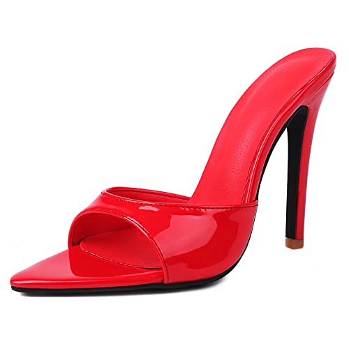 MJIASIAWA Hochzeit Pantoffeln Stiletto Damen Pantoletten Shiny Peep Toe Elegant Party Mode Sandalen Snakeskin Rot Gr 44 EU/46 Asiatisch von MJIASIAWA